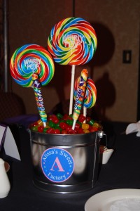 Candy theme centerpieces with custom logo